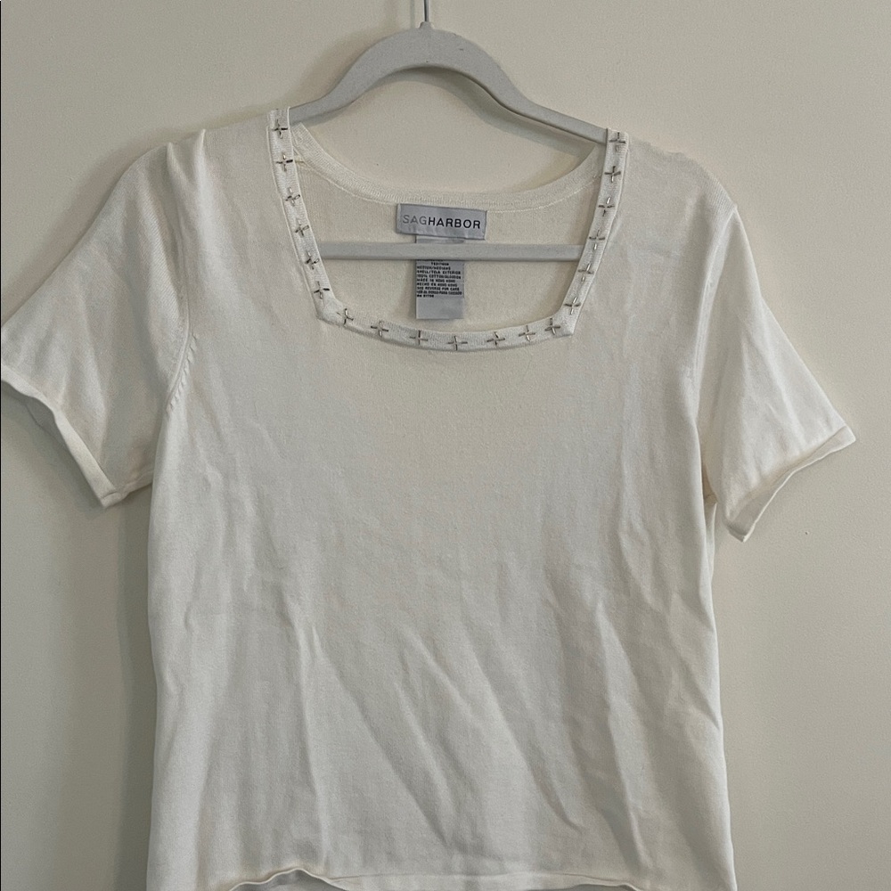 Vintage Sag Harbor Cotton‎ Beaded Sweater Short Sleeve M Cream Casual Office